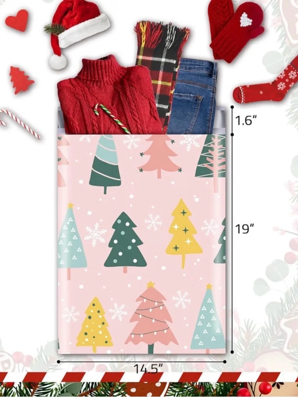 Pink Holiday Christmas Tree Poly Mailers 14.5”x19” 10ct